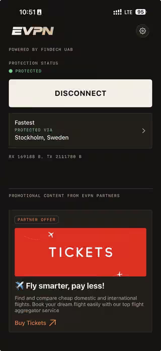 EVPN iOS app in dark mode, showing Protected via Stockholm, a Disconnect button and a separately labelled partner offer.